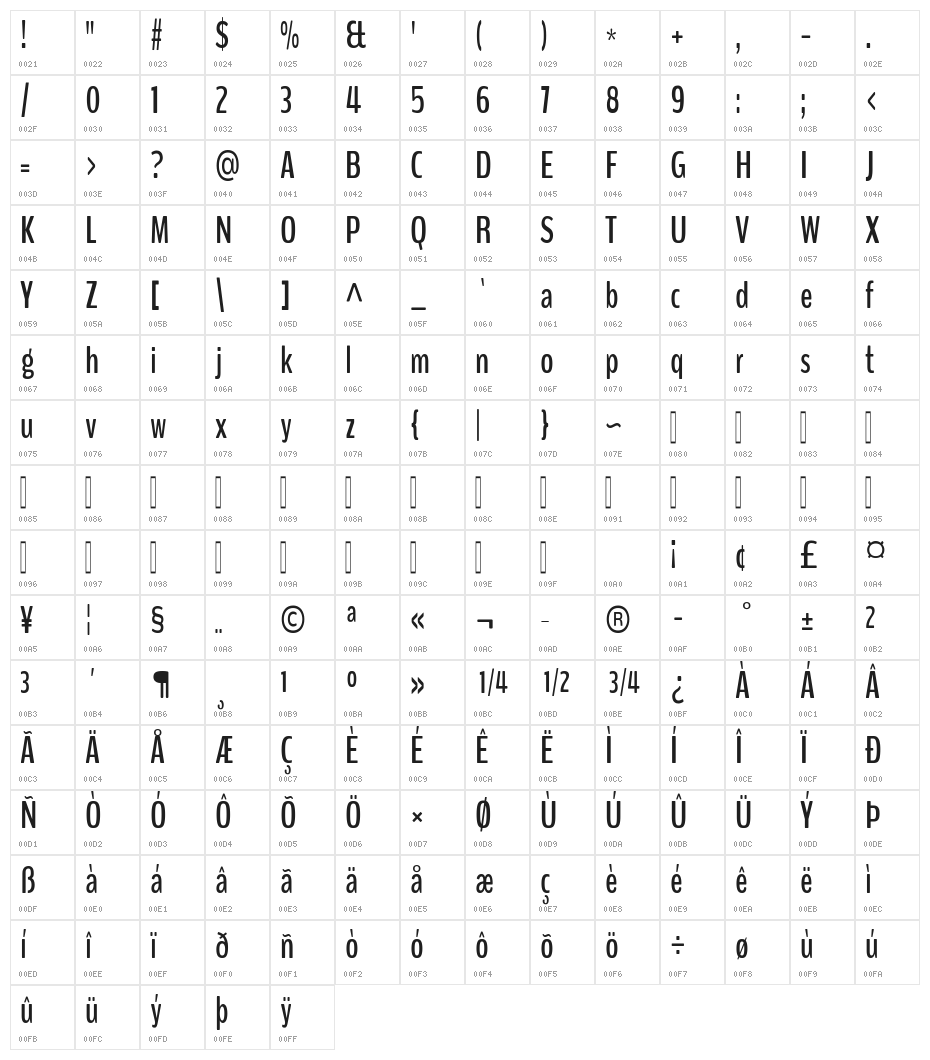 BenchNine Bold Character Map