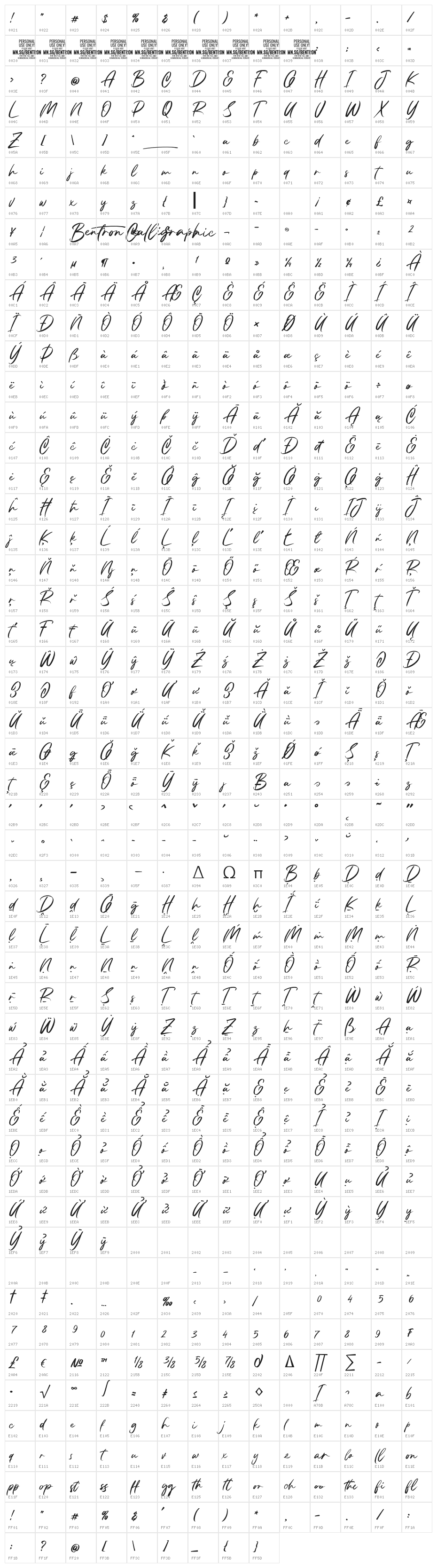 Bentron Calligraphic PERSONAL Regular Character Map