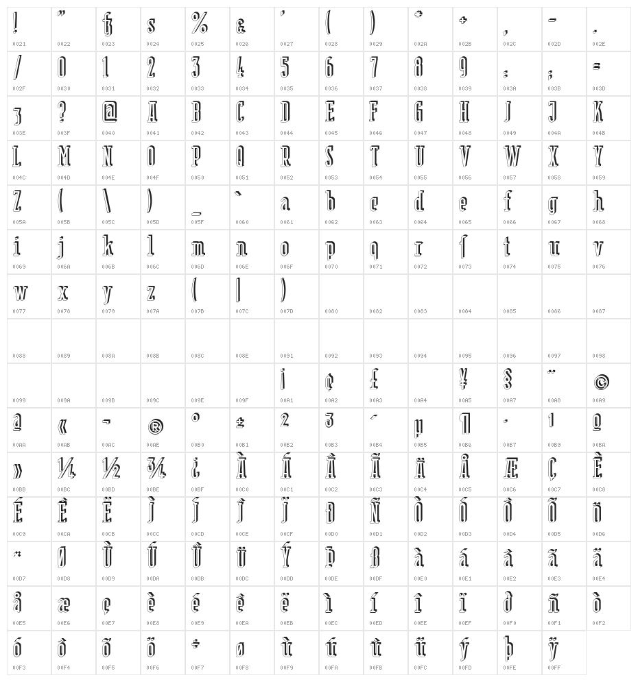 Berlin Email Serif Shadow Character Map