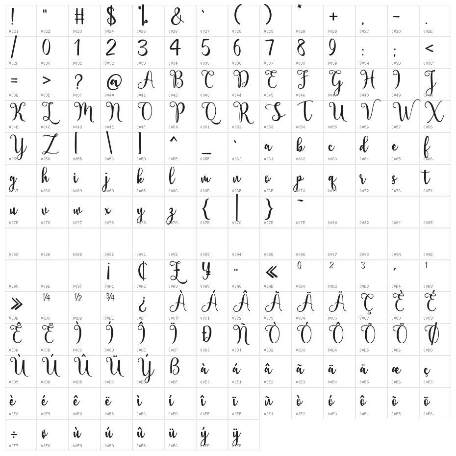BerlinScript-Regular Character Map