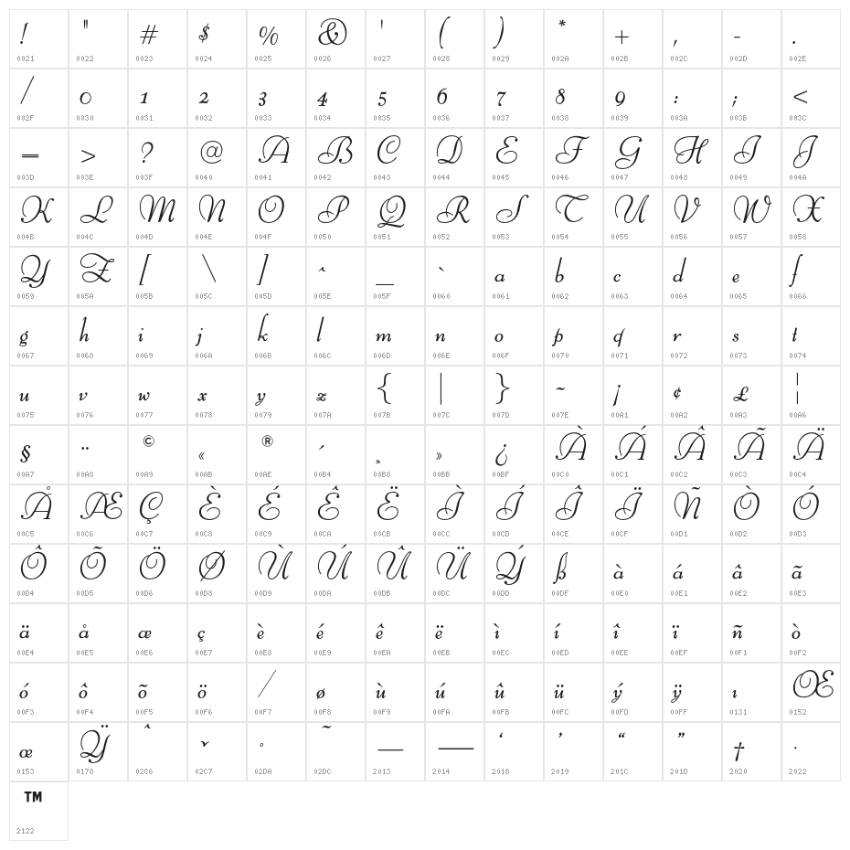 BernHardOpti-LightCursive Character Map