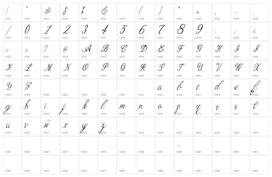 Bernadine Script Italic Character Map