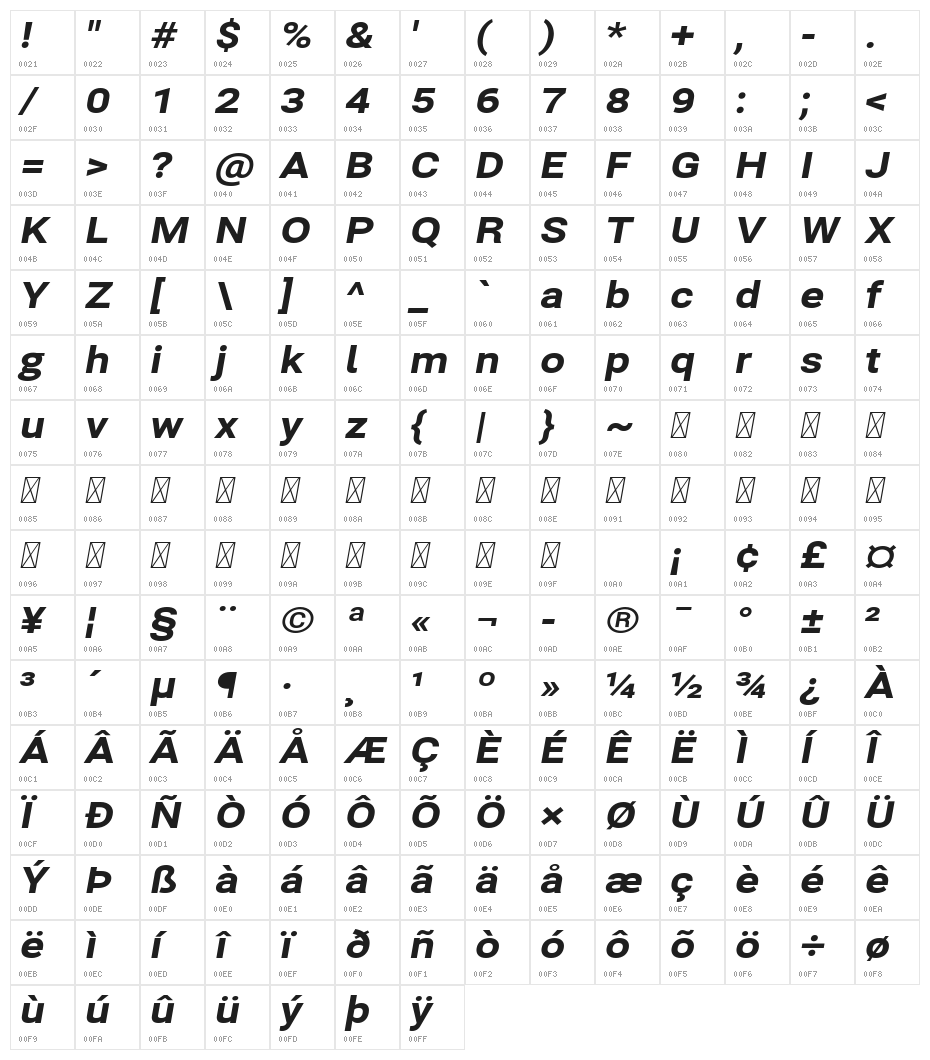 Bert Sans Black Italic Character Map