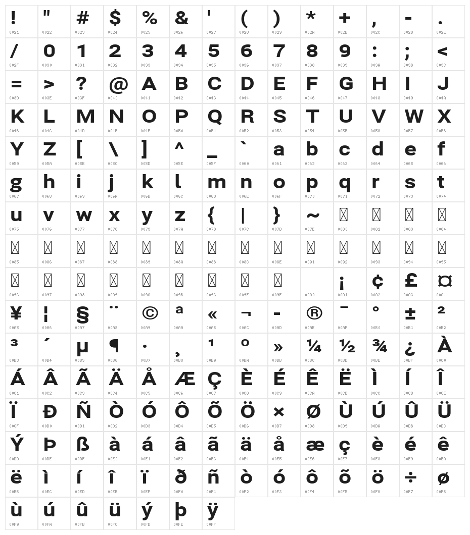 Bert Sans Black Character Map