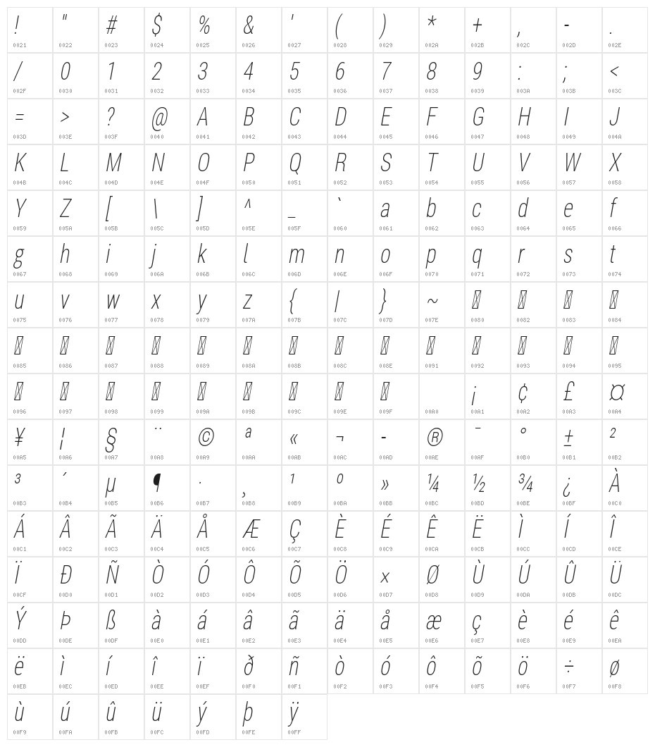 Bert Sans ExtraLight Italic Character Map