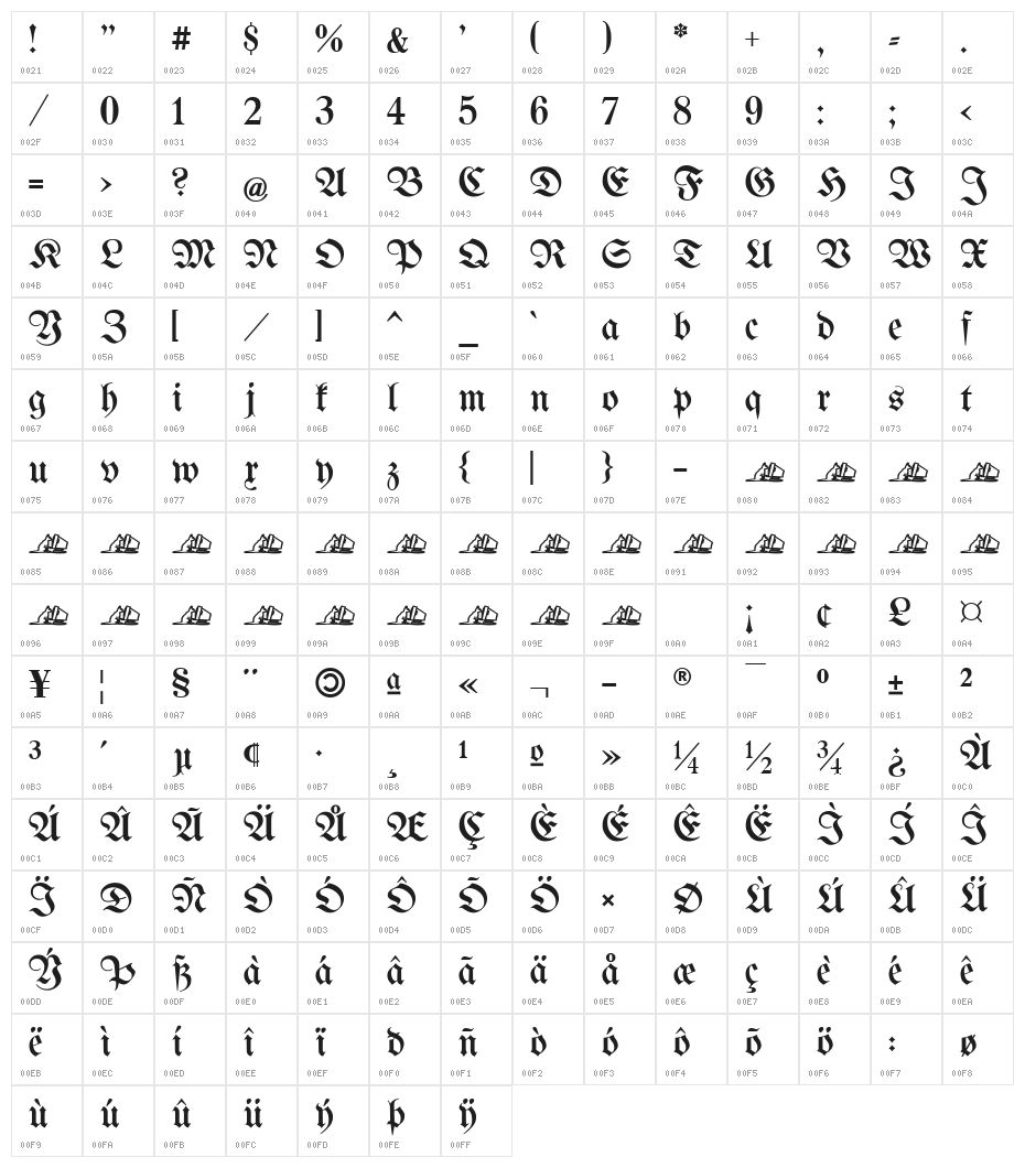 Berthold  Mainzer Fraktur UNZ1A Italic Character Map