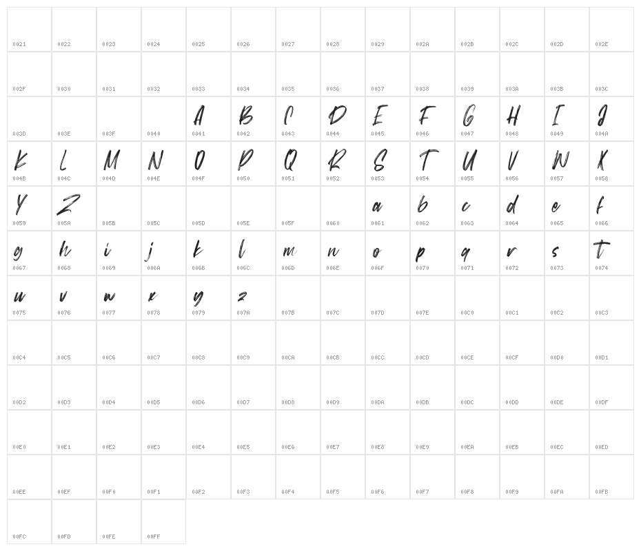 Better Brights Brush Regular Character Map