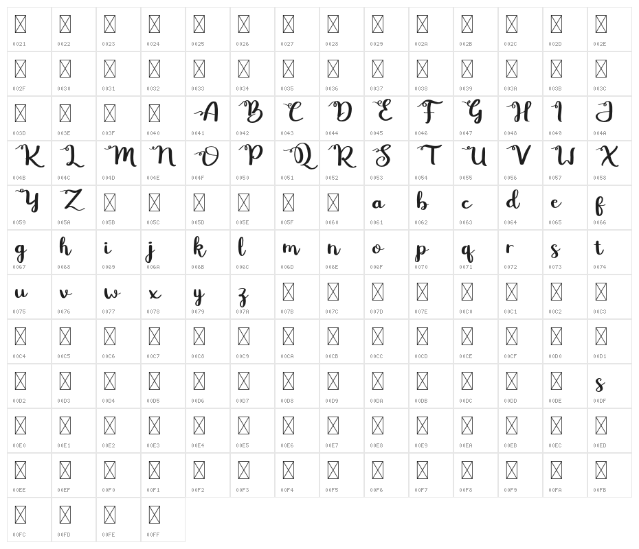 BettyRoseFree-Regular Character Map