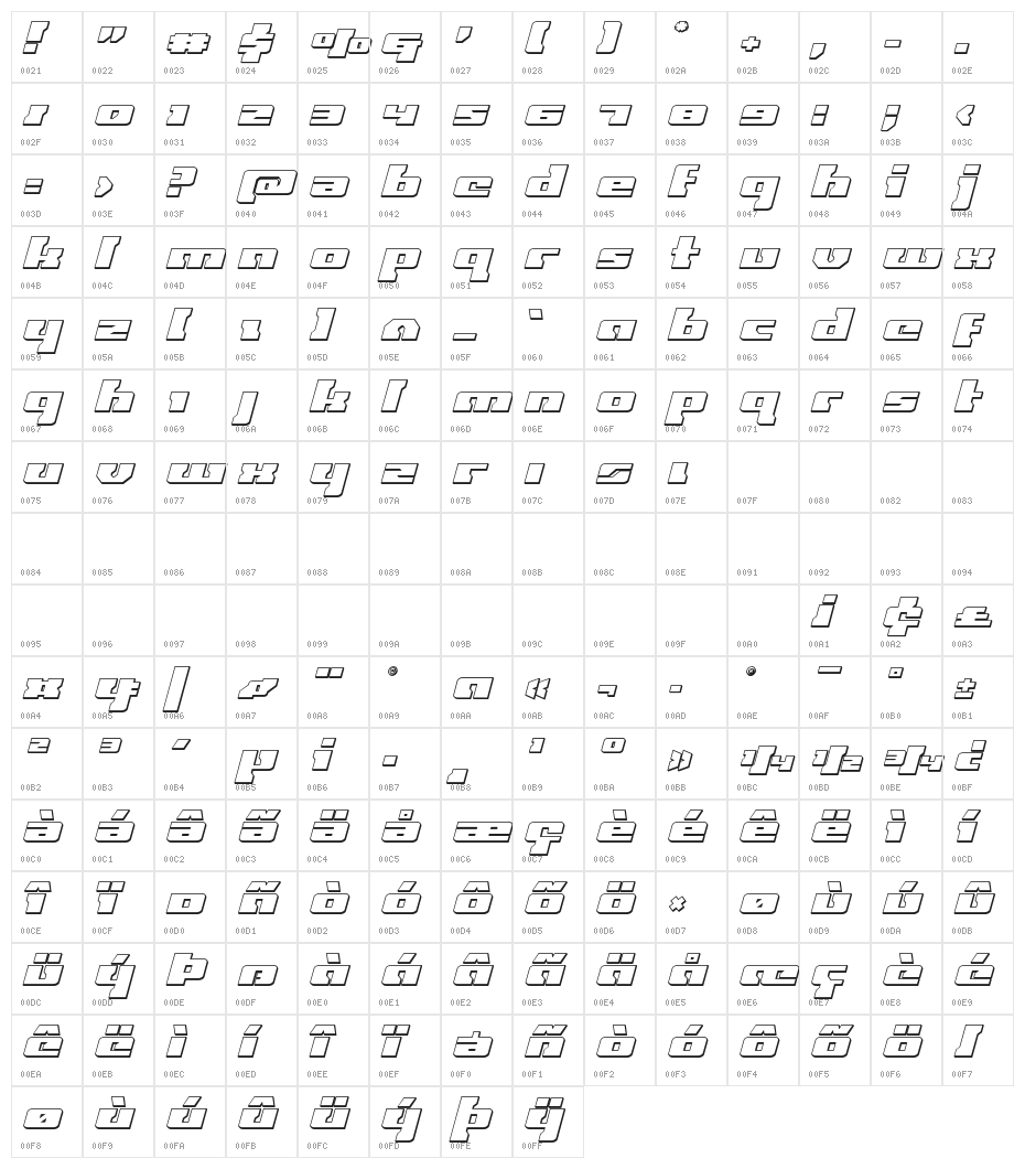 Big Blue Bug 3D Italic Character Map