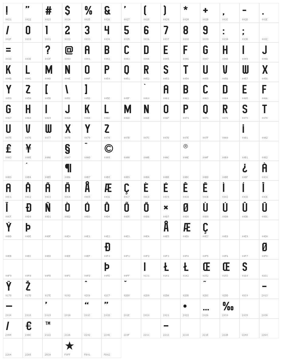 BigStar-Regular Character Map