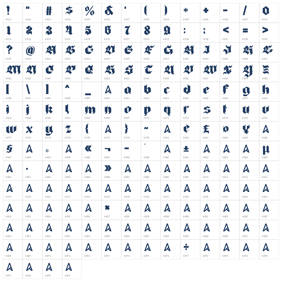 Bigfat gothic Regular Character Map
