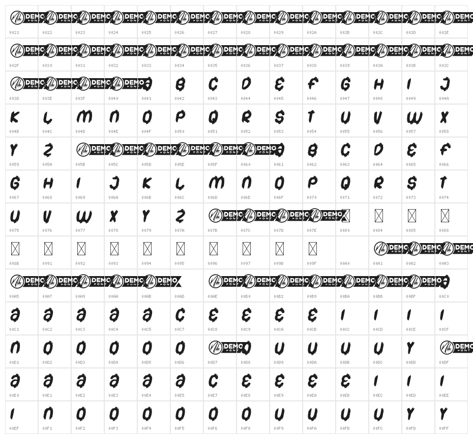 Bigfoot Cute Demo Italic Character Map
