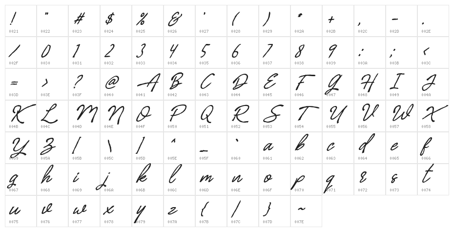 Billenia-Standard Character Map