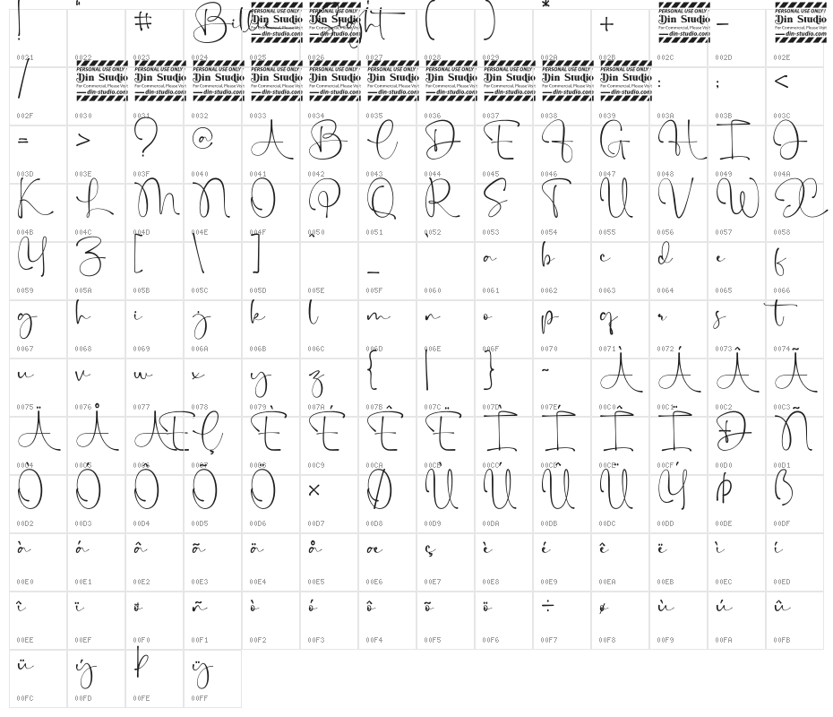 Billie Sight Personal Use Character Map
