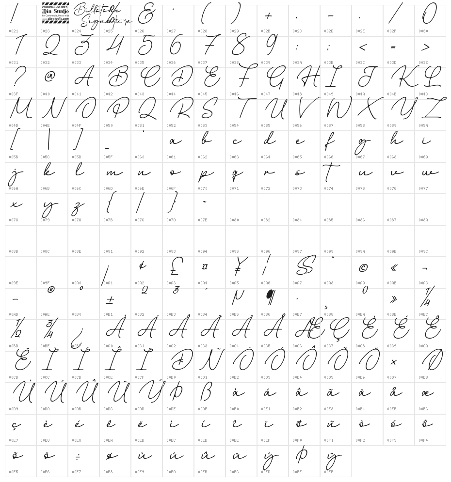 Billstone Signature Personal Use Only Character Map