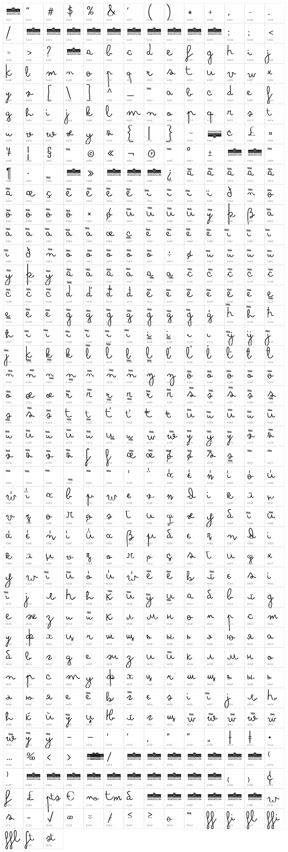 Bimbo Regular Character Map