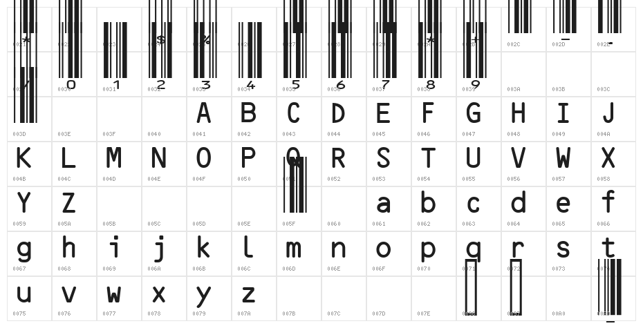 BizFonts C39 XLS Free Version Character Map