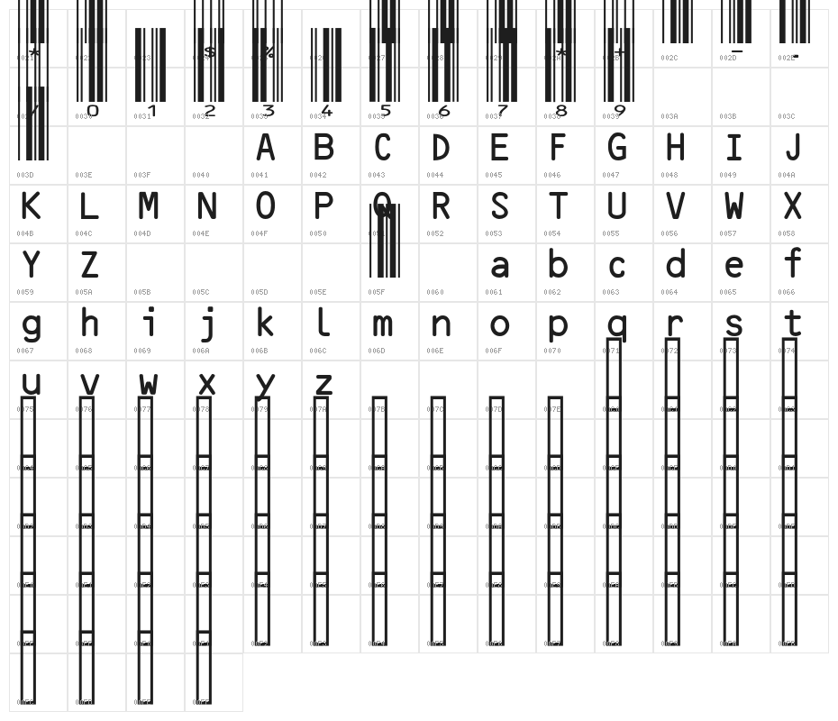 BizFontsC39XLSFreeVersion Character Map