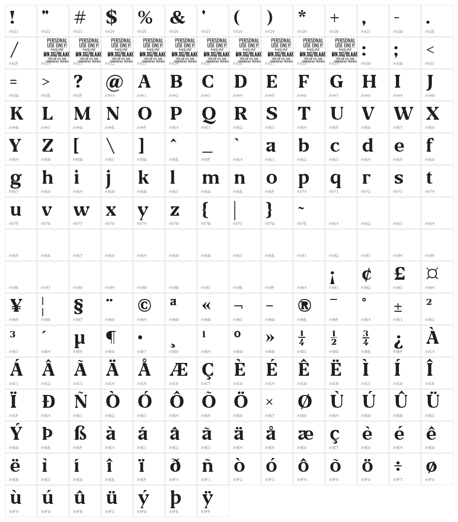Blaak Bold PERSONAL USE Character Map