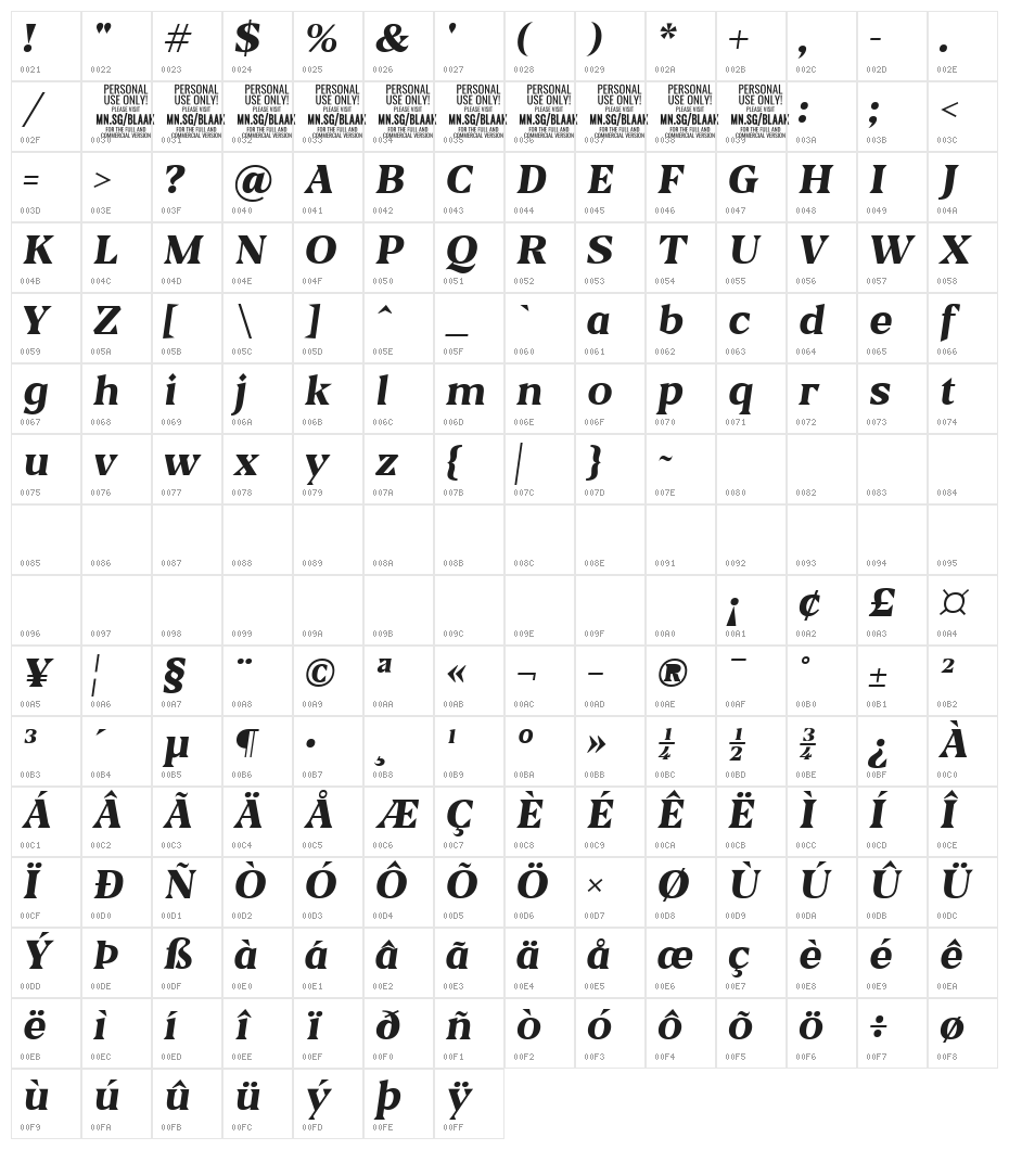 Blaak ExtraBold PERSONAL USE Italic Character Map