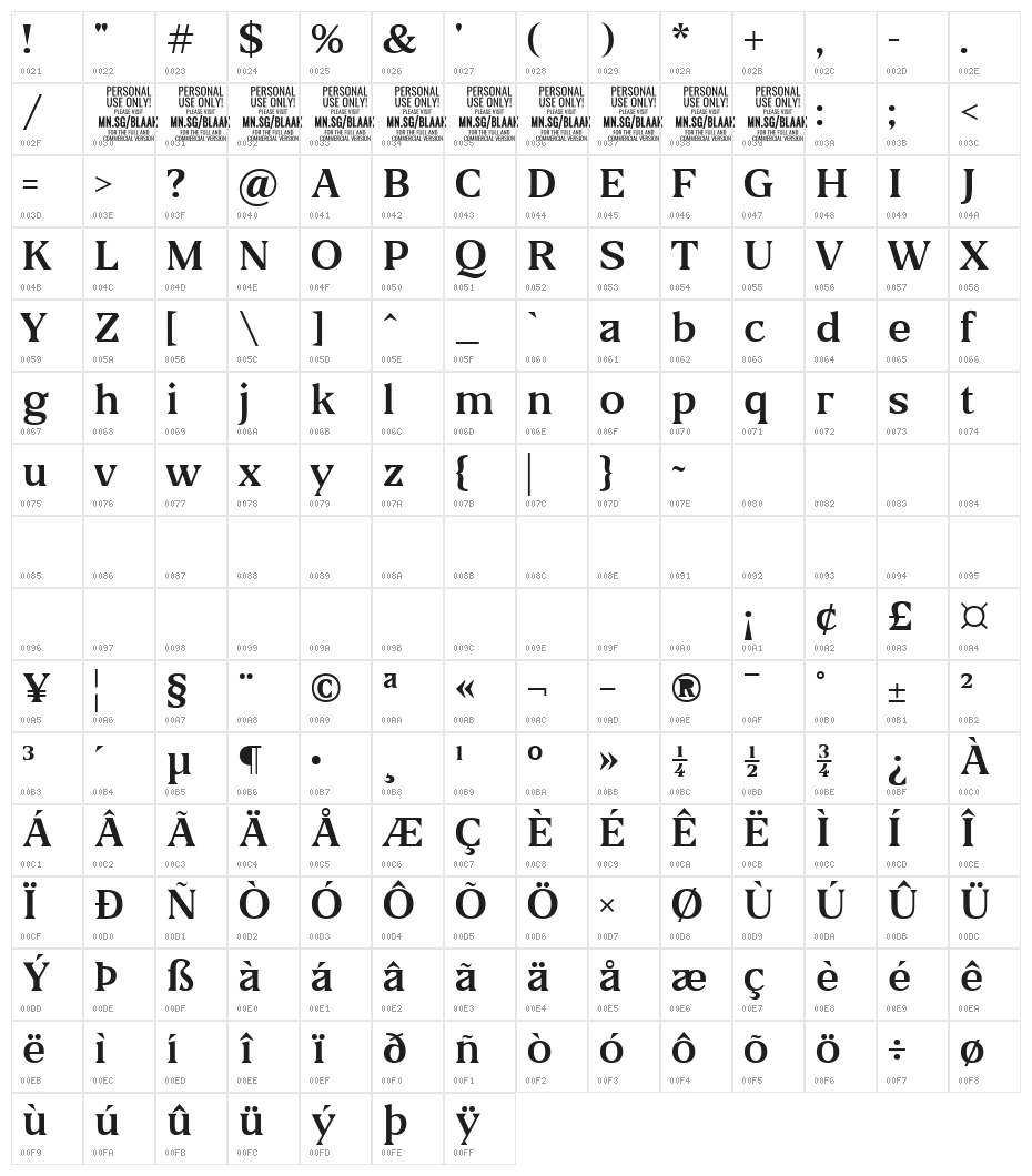 Blaak Regular PERSONAL USE Character Map