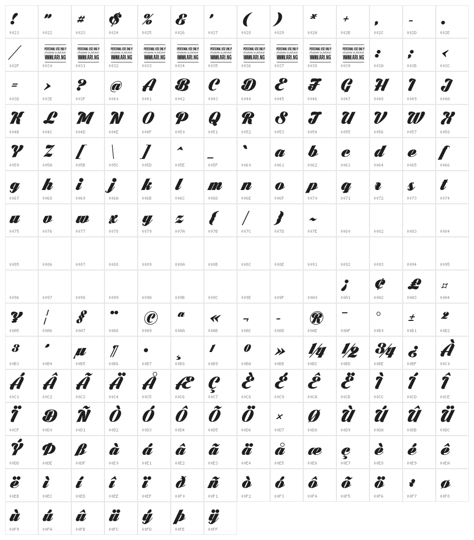 Black Larch PERSONAL USE ONLY Character Map