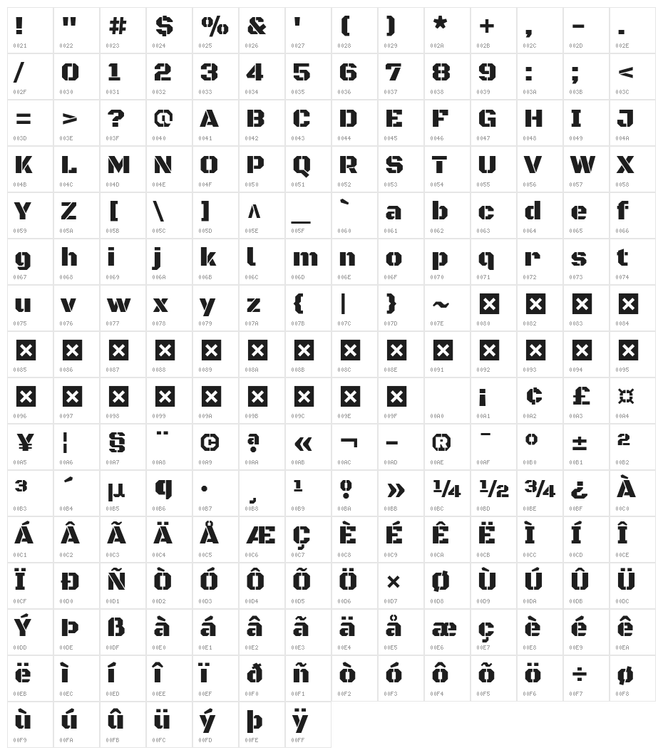 Black Ops One Regular Character Map