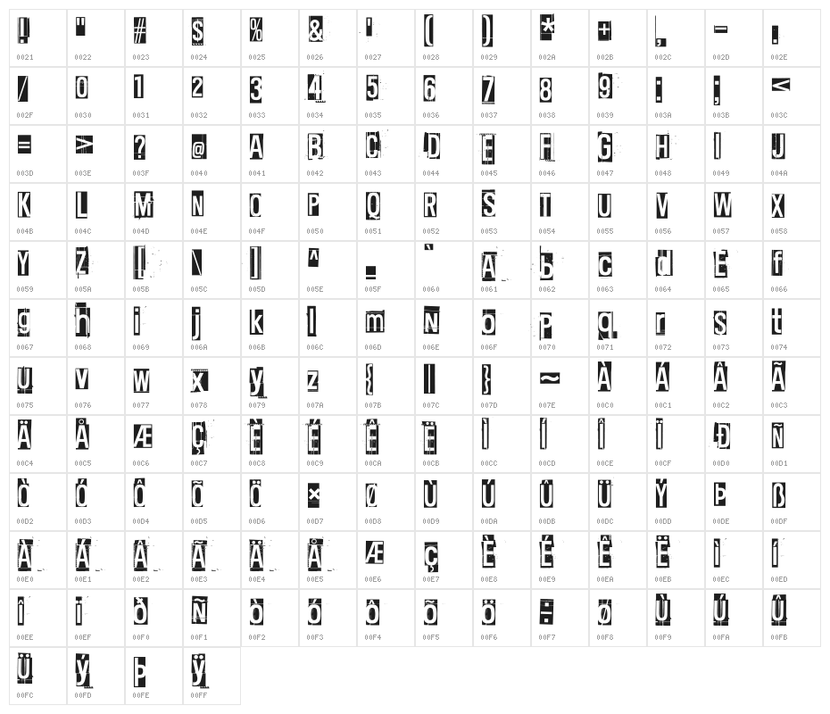 Black clouds, white sky Character Map
