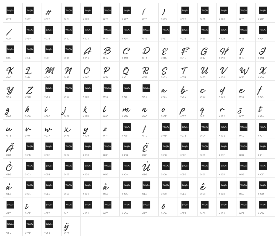 Blackened Script Demo Character Map