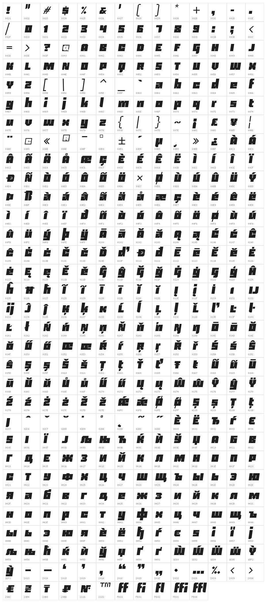 Blackentina4F-Italic Character Map