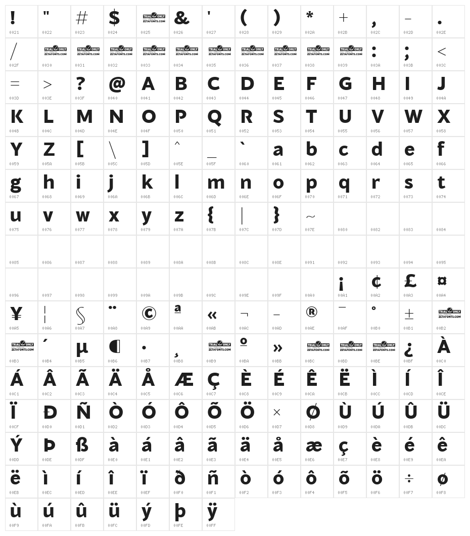 Blacker Sans Trial Extrabold Character Map