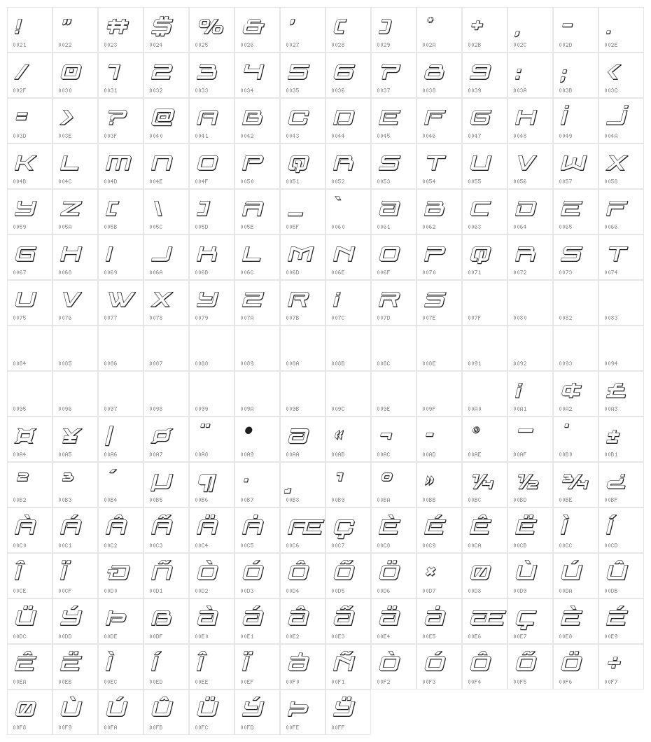 Blade Singer 3D Italic Character Map