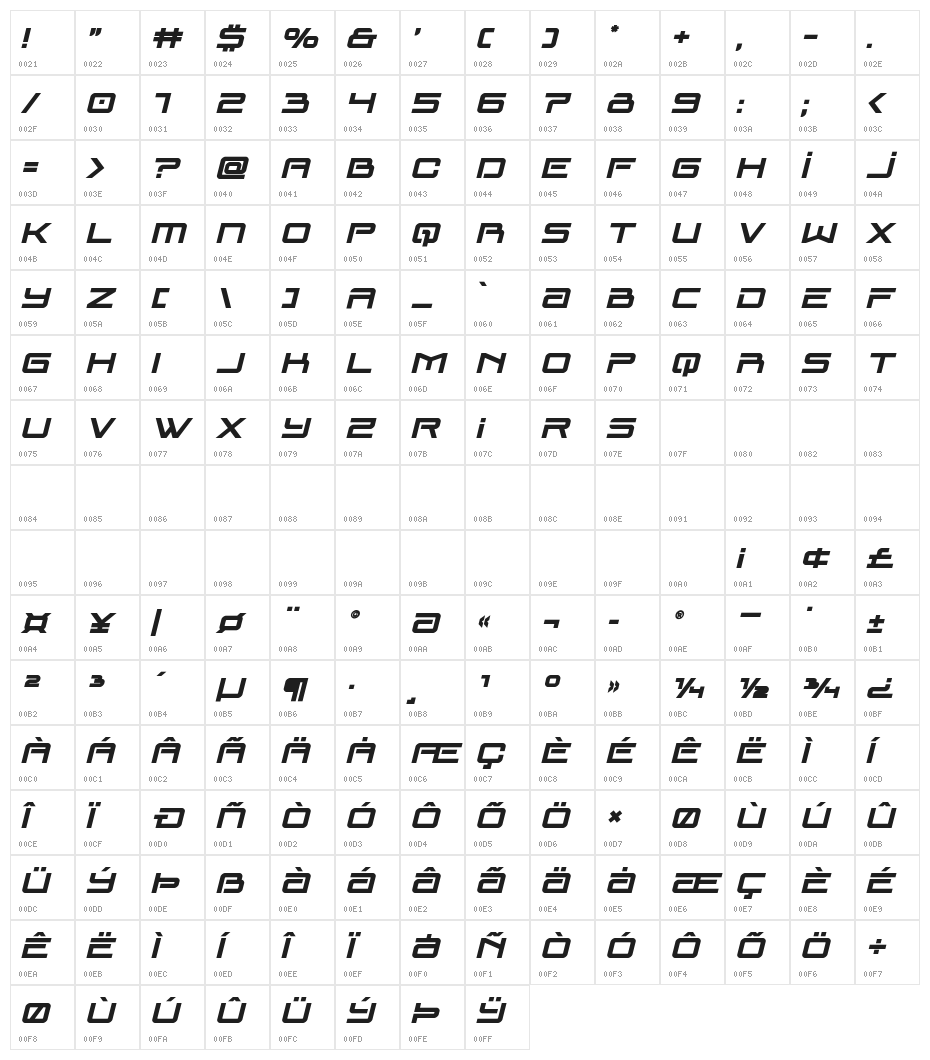 Blade Singer Bold Italic Character Map