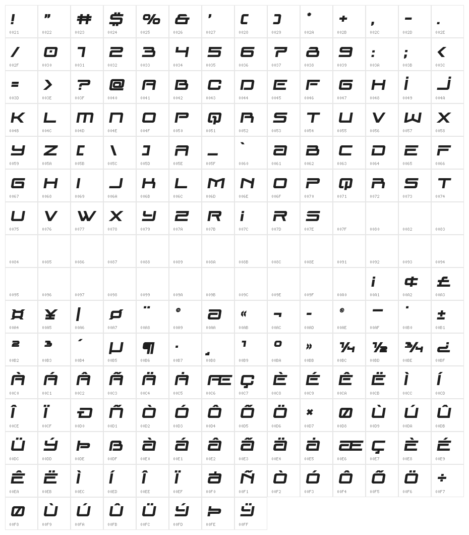 Blade Singer Bold Semi-Italic Character Map