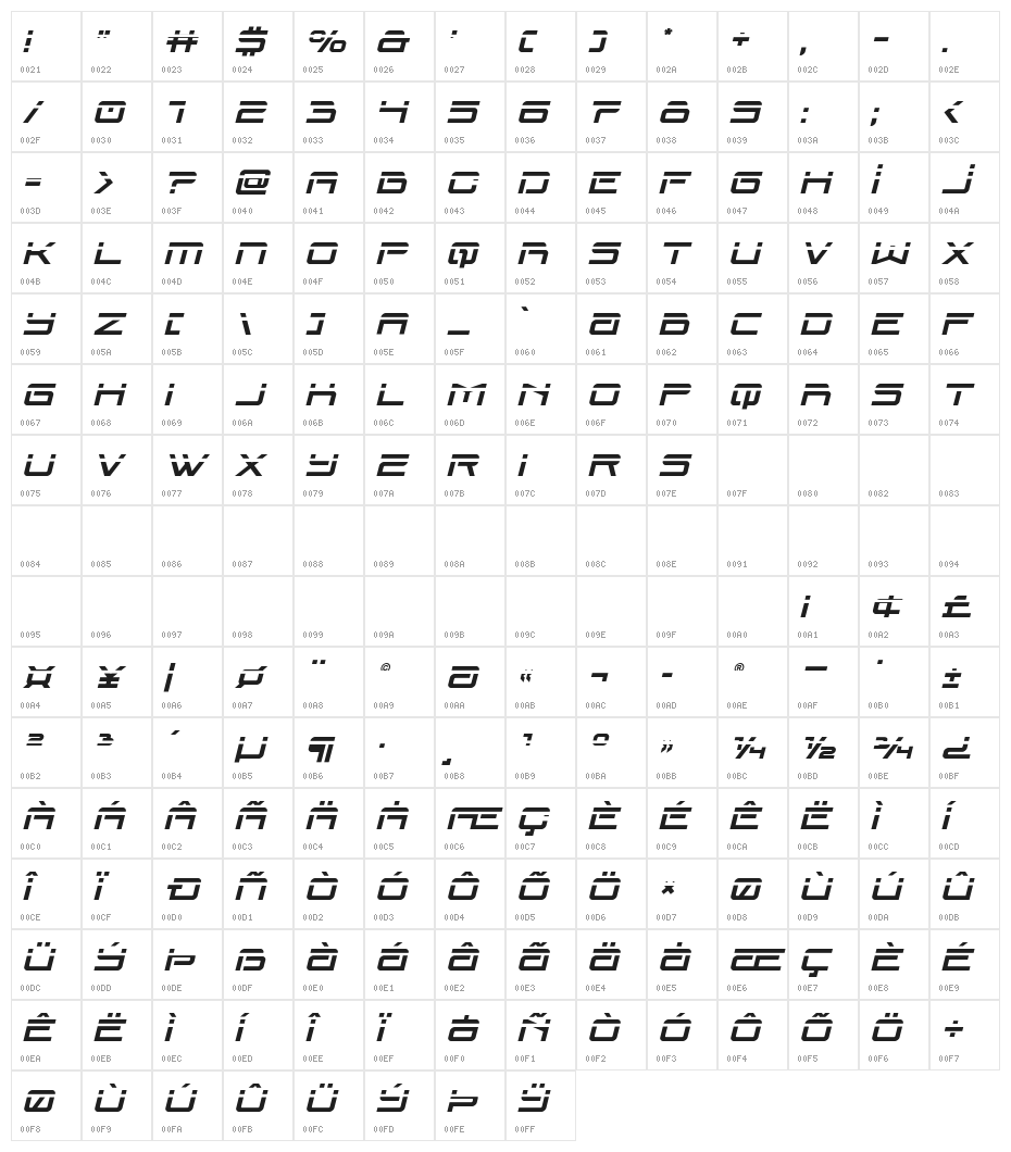 Blade Singer Laser Italic Character Map