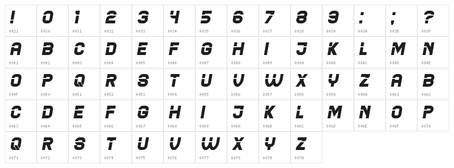 Blader Italic Character Map