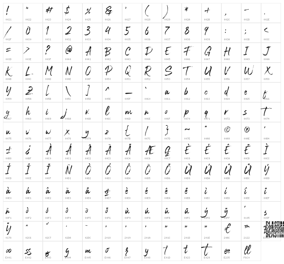 Blastimo-Regular Character Map