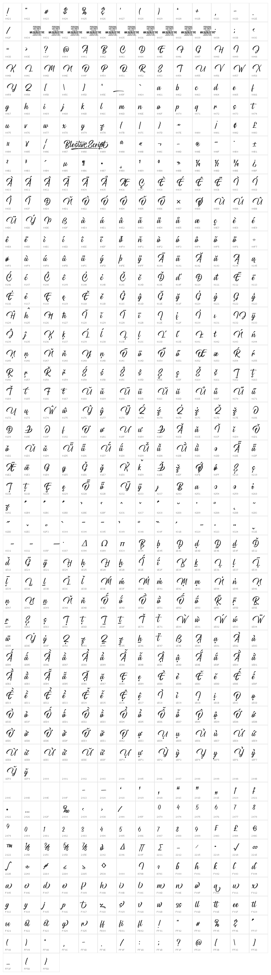 Blestive Script PERSONAL USE Regular Character Map