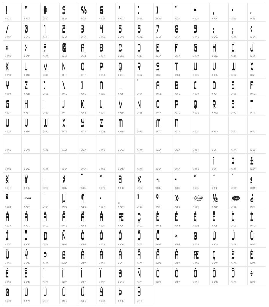 Blizzard Shaft Condensed Character Map