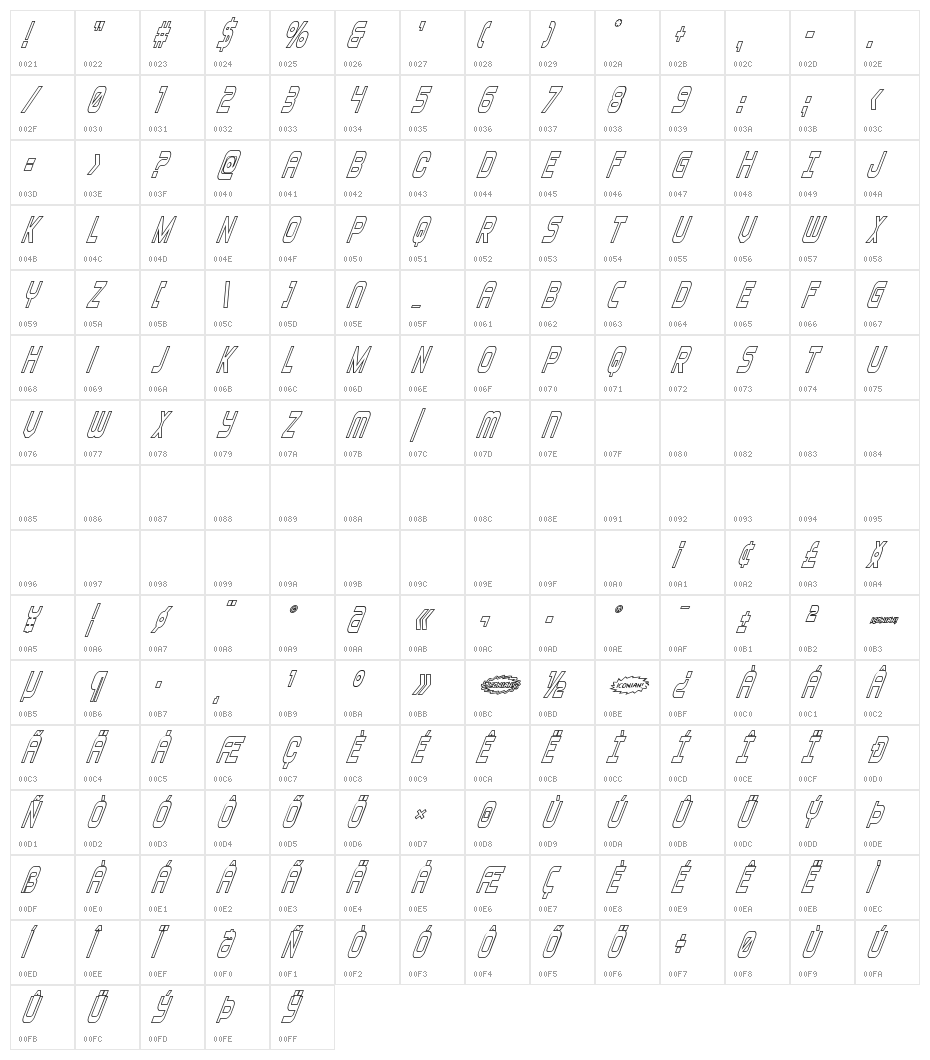 Blizzard Shaft Outline SuperIt Character Map