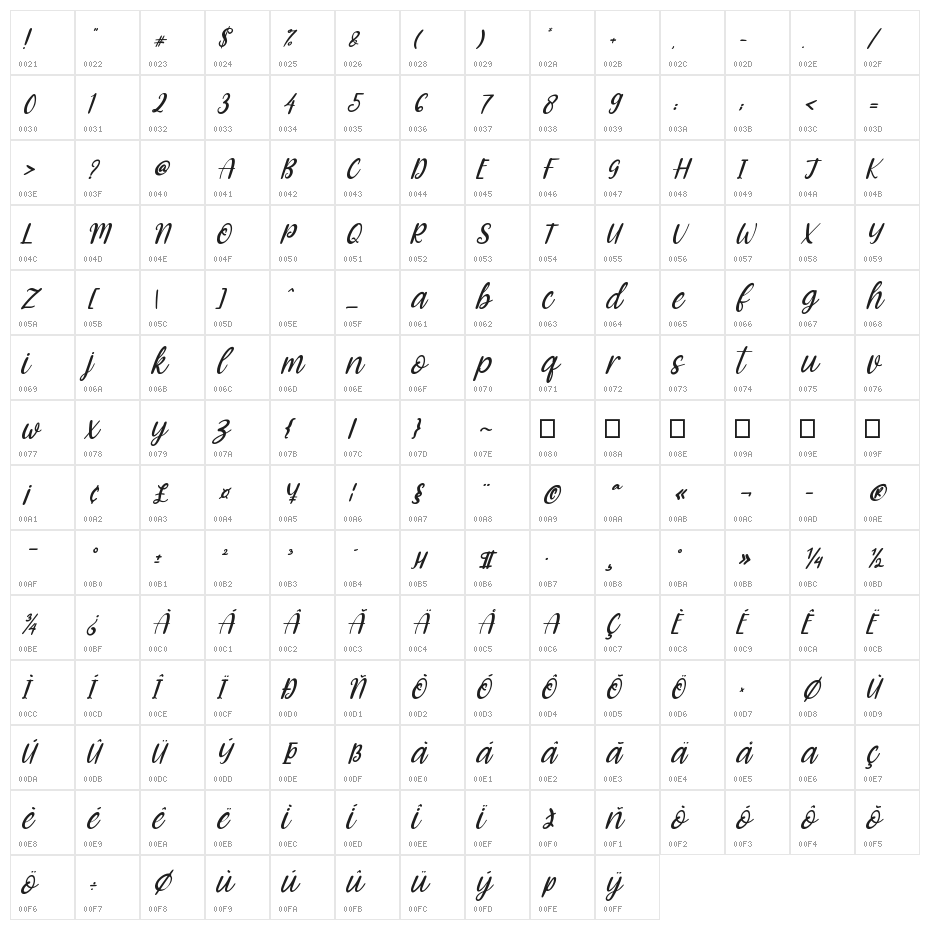 Blossom Italic Character Map