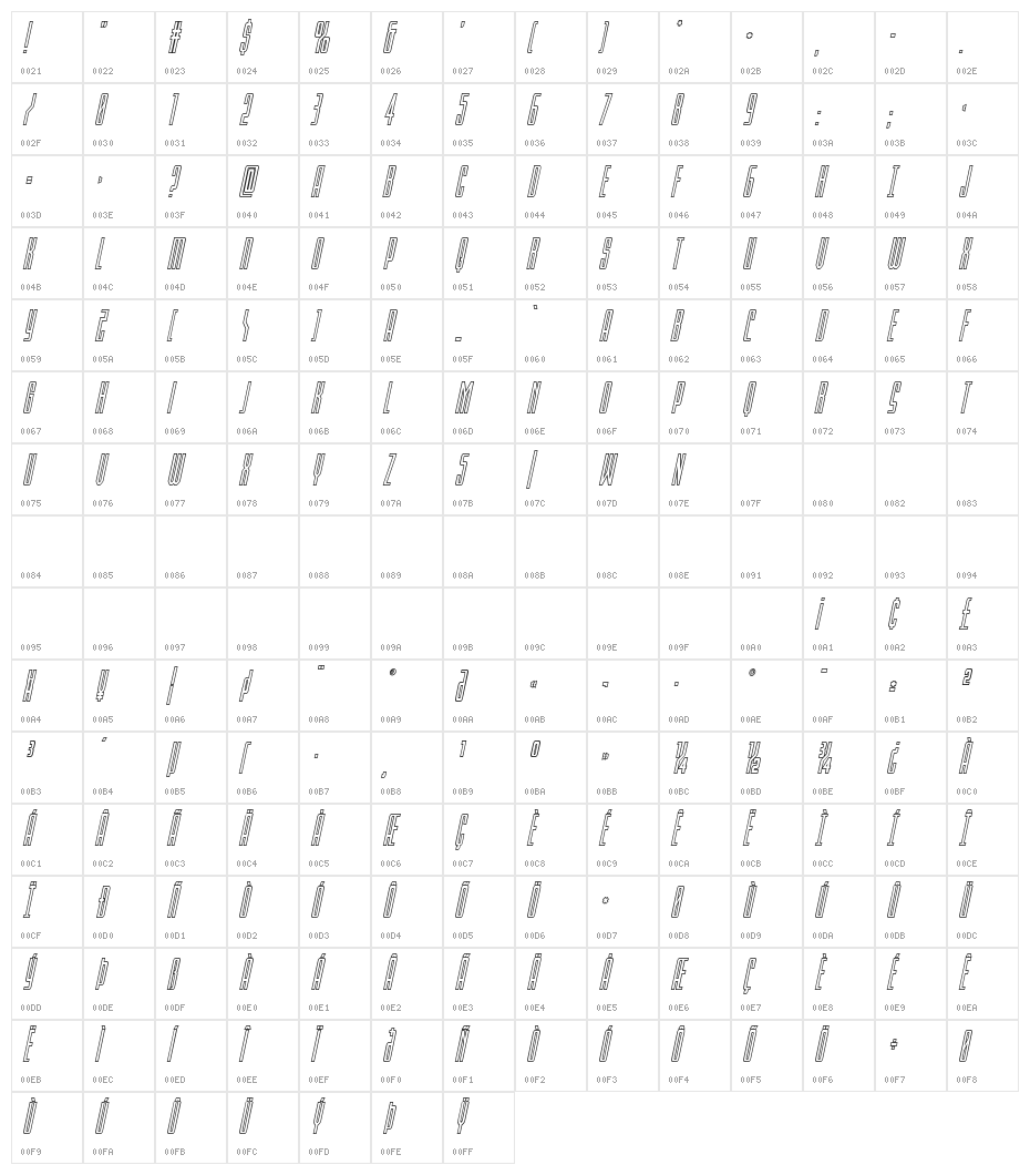 Blue Cobra Outline Italic Character Map