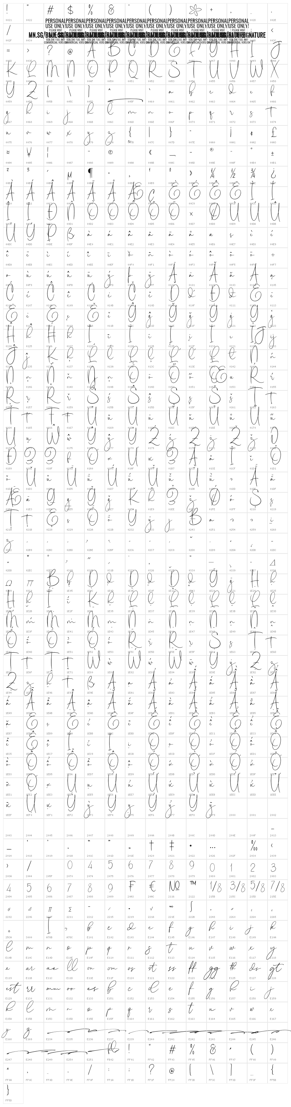 Blue Signature PERSONAL USE Regular Character Map