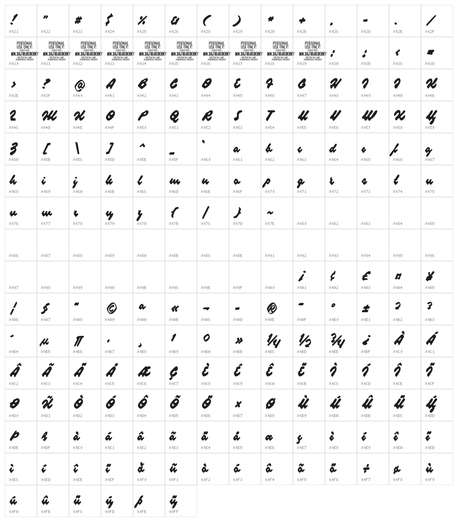 Blueberry Script PERSONAL USE Character Map