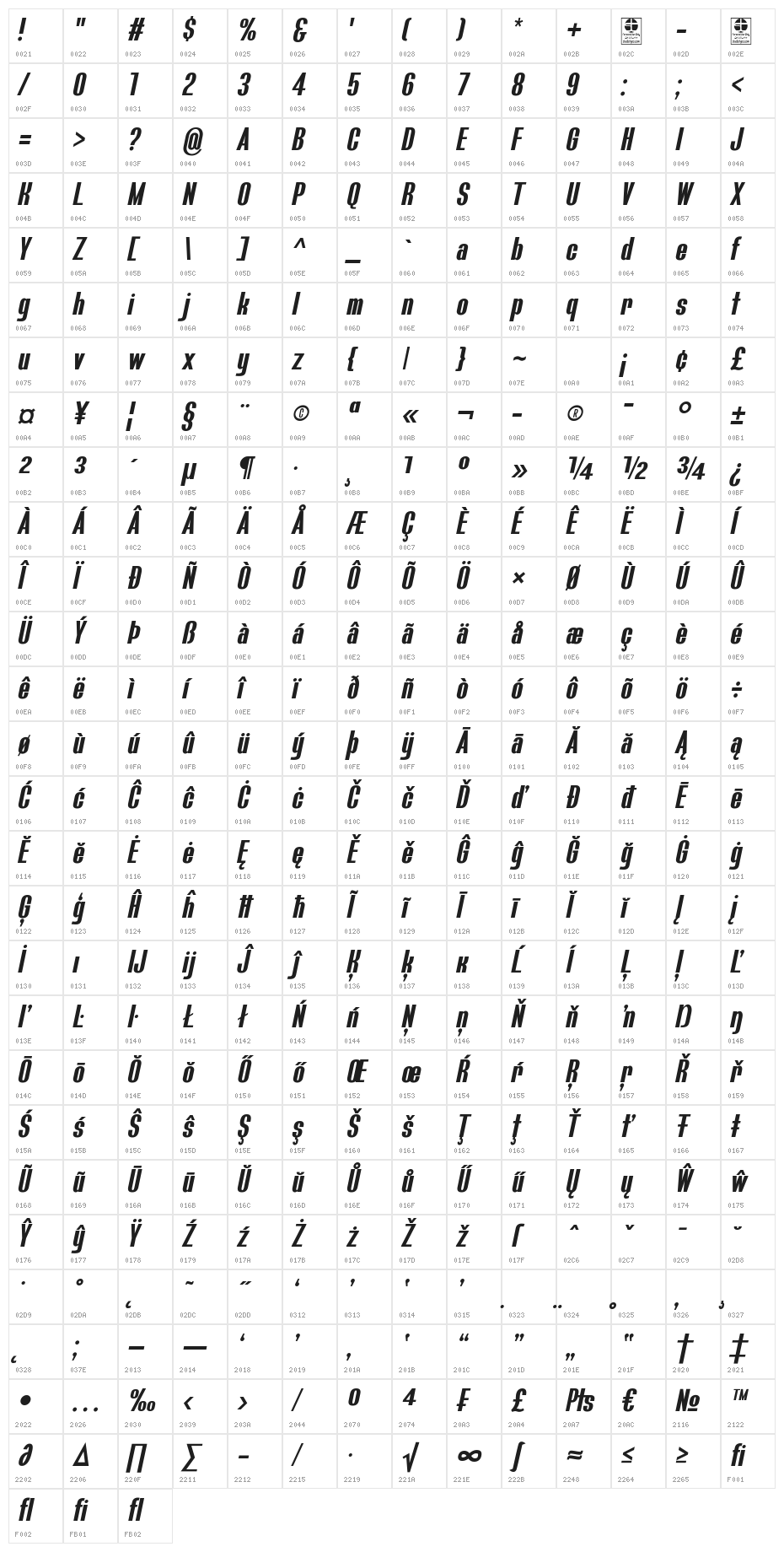 Bluefish Demo Bold Italic Character Map