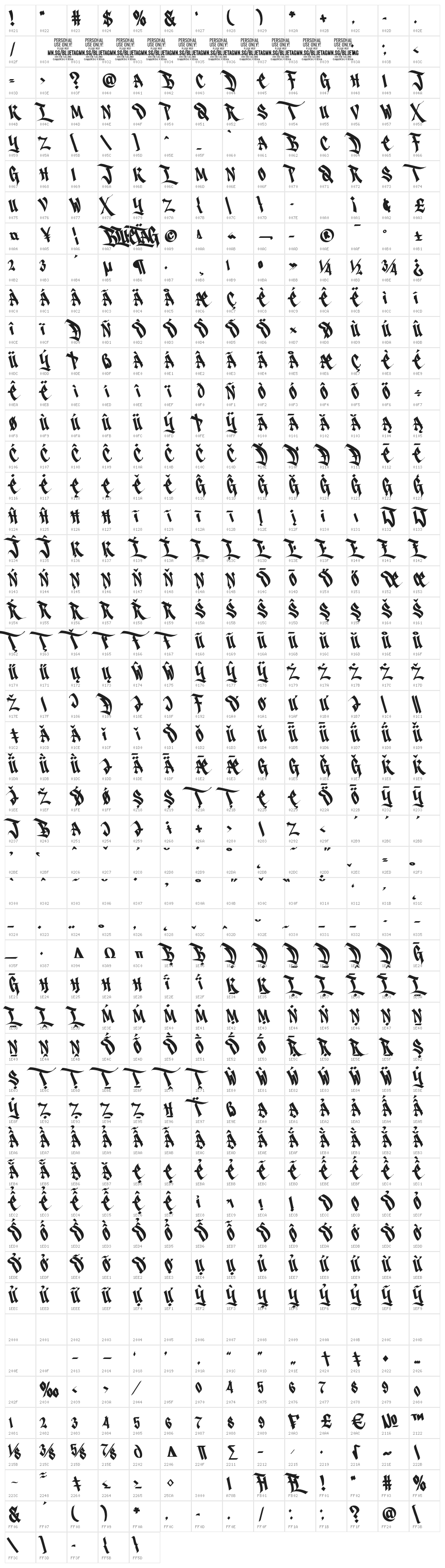Bluetag PERSONAL USE Bold Italic Character Map