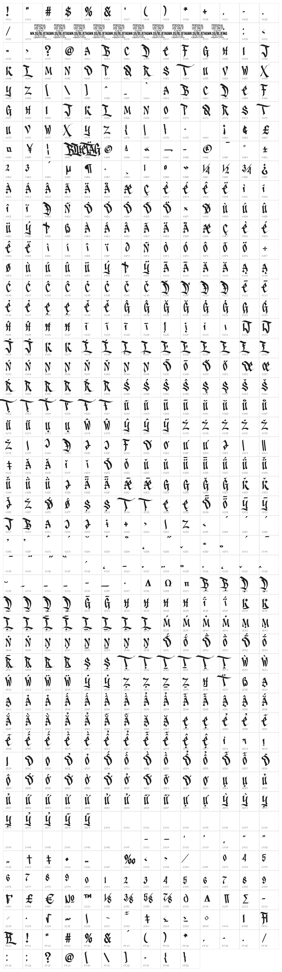 Bluetag PERSONAL USE Regular Character Map