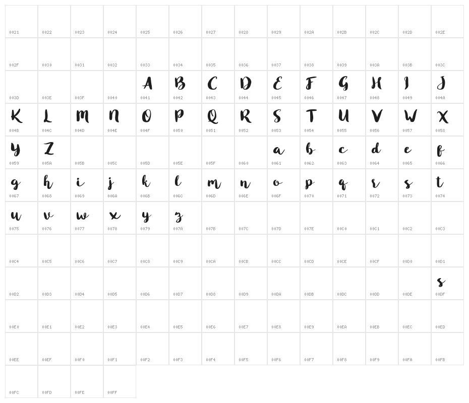BlustyScriptFree-Regular Character Map