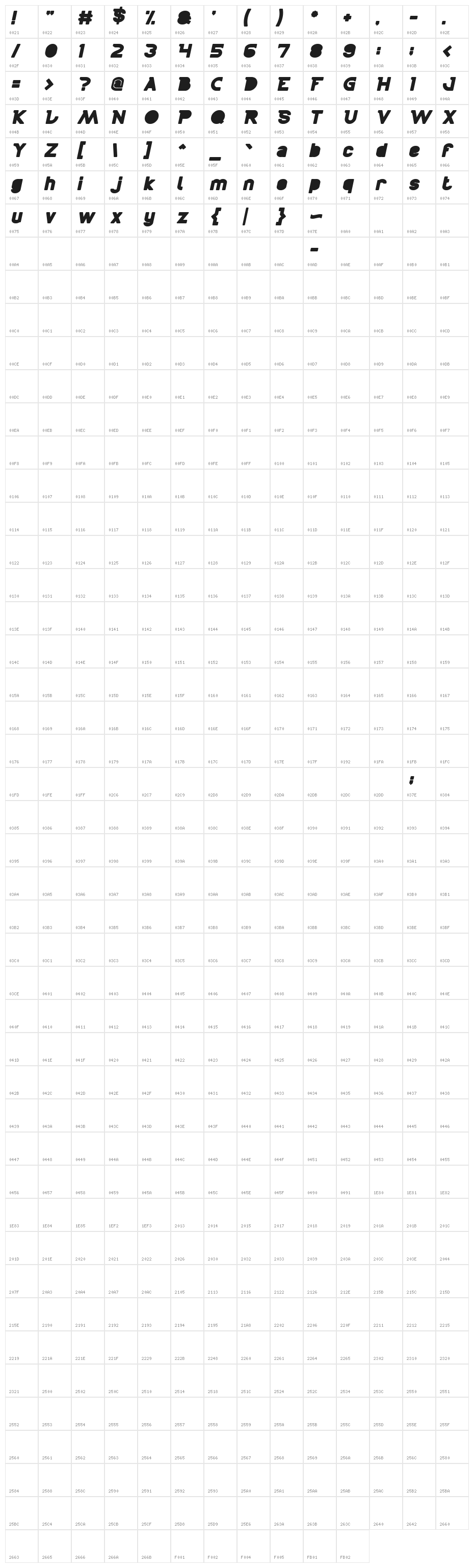BOARDER Italic Character Map