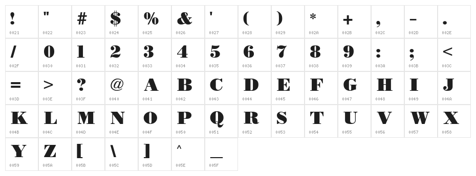 BODIDLYbold Character Map
